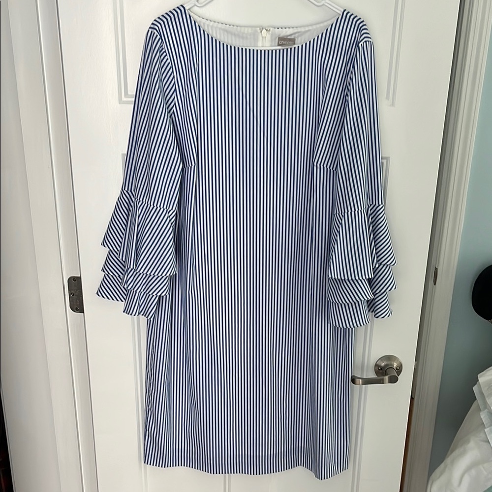 Chico's Blue and White Sheath Dress with Bell Sleeves
